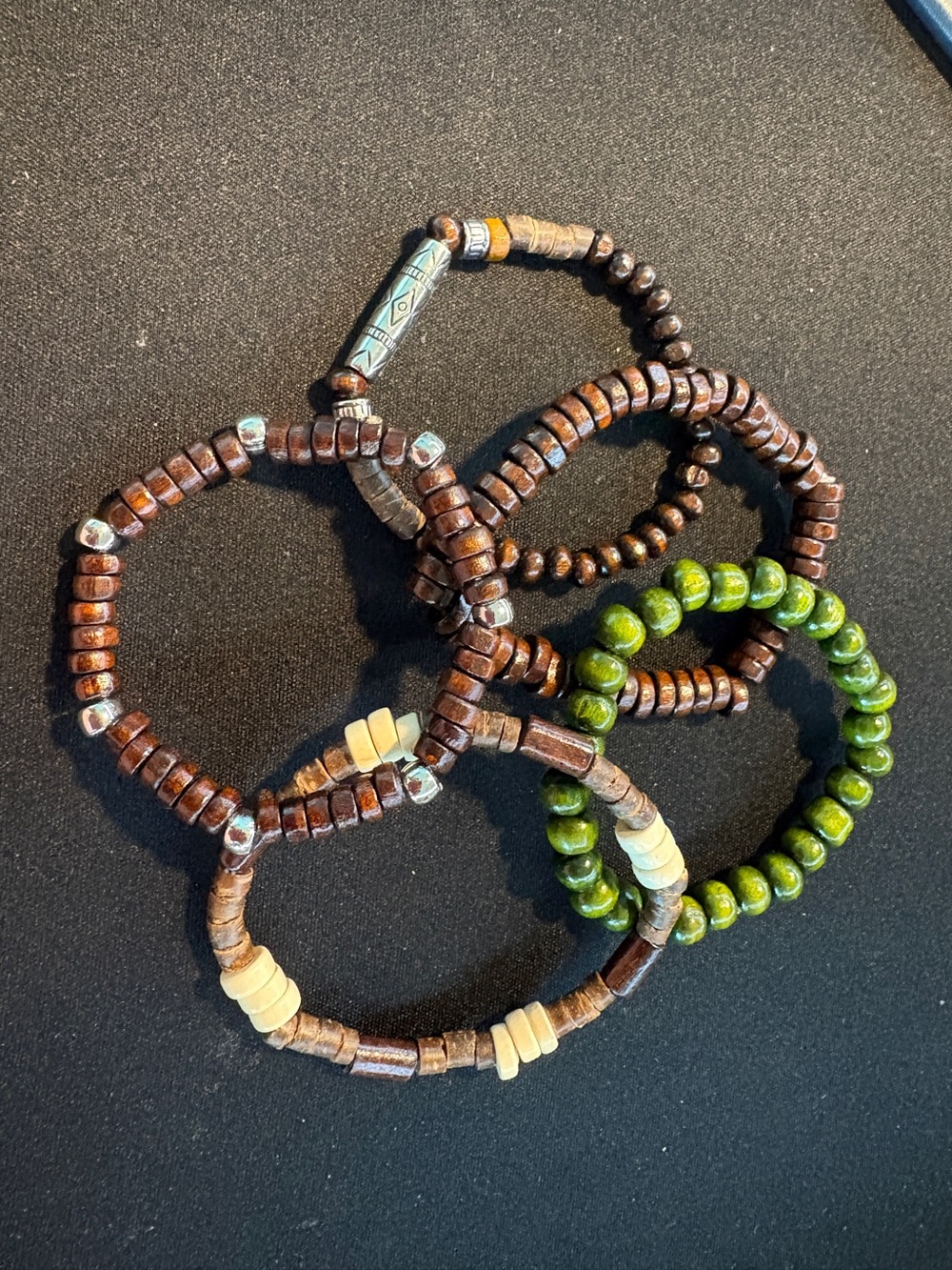 Handmade Wooden Bead Stretch Bracelet Set - Brown & Green